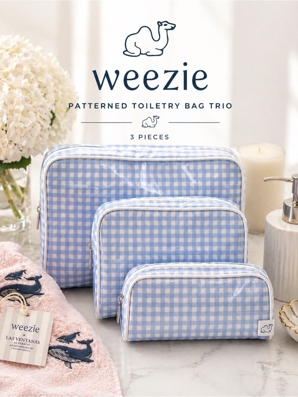 Weezie Light Blue Gingham Toiletry Bag Trio Coated Cosmetic Travel Set 3 Piece